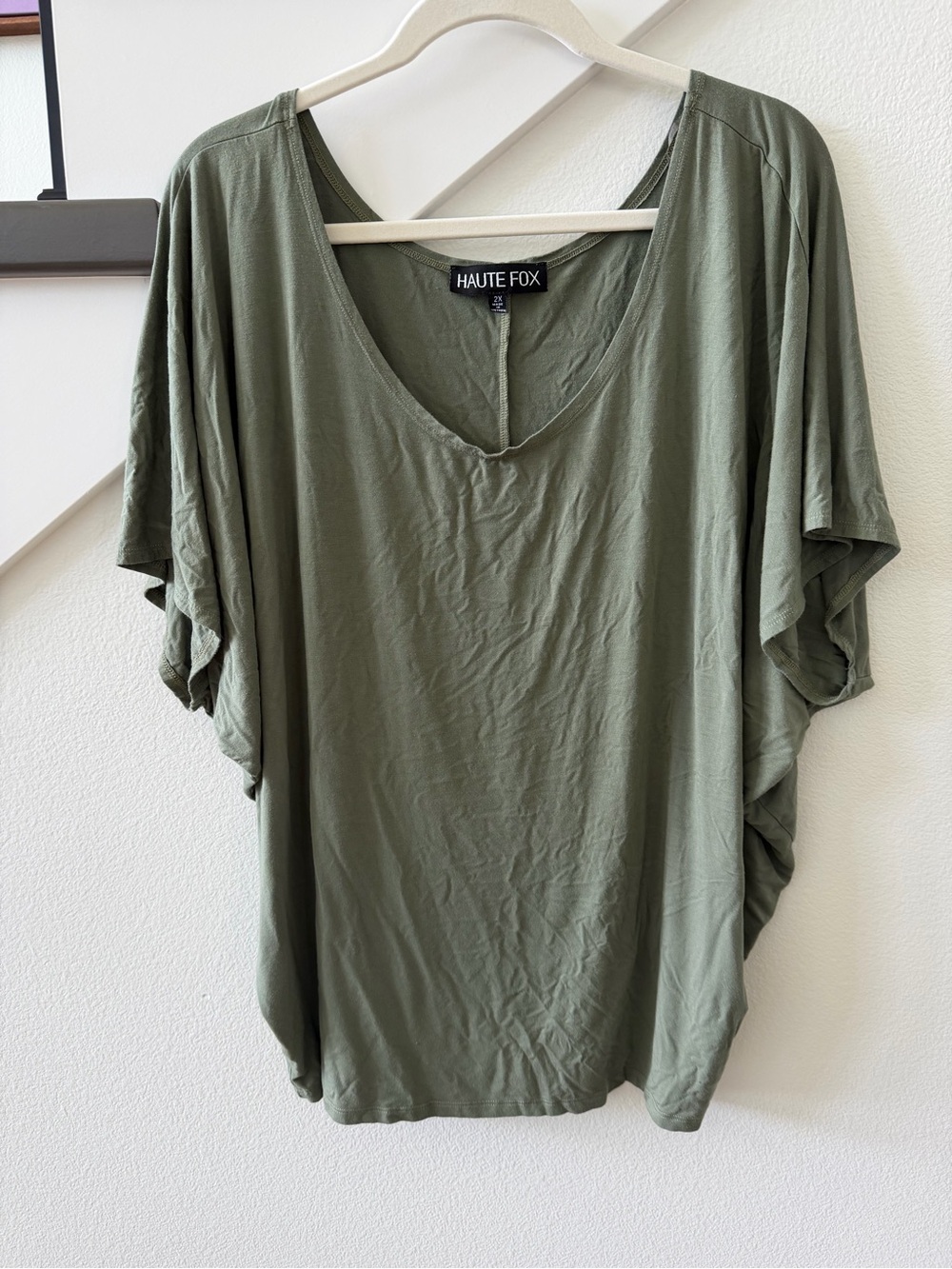 Haute Fox Olive Green Women's V-Neck Draped Sleeve Top